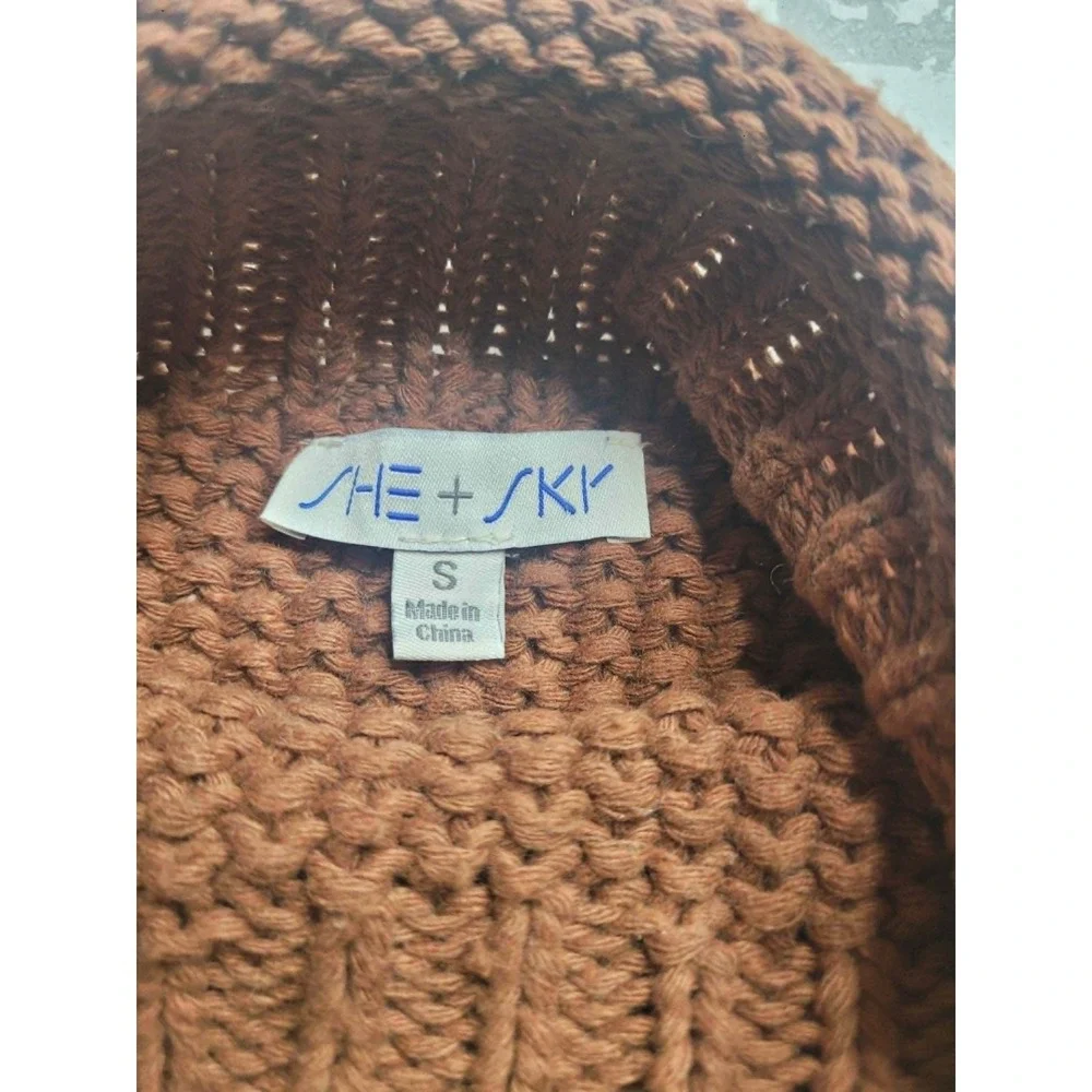 She + Sky Brown Mock Neck Chunky Knit Sweater‎ Women's Small 100% Cotton